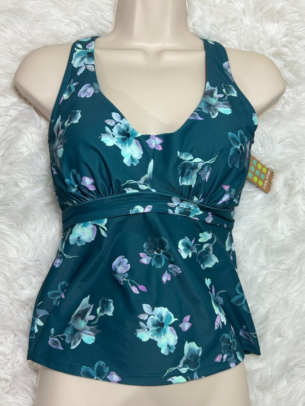 NWT TITLE NINE Phenom 34C Tankini Swim Top Floral Detail Blue Pattern Teal